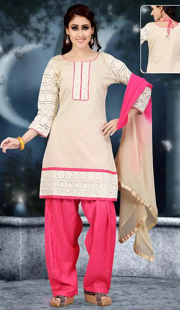Beige Color Cotton Silk Fabric Ladies Punjabi Readymade Patiyala Suit with Dupatta | FH450970745