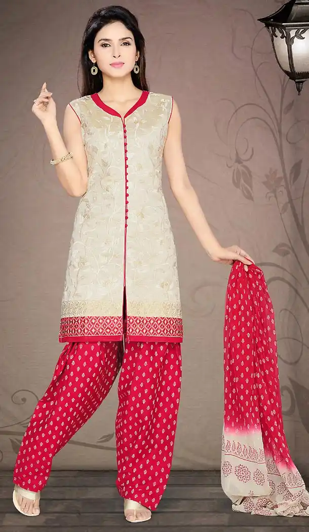 Dove Color Chanderi Silk Fabric Ladies Punjabi Readymade Suit with Dupatta | FH450970747