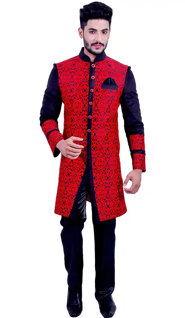 Navy Blue Color Brocade Designer Men Indo Western with Narrow Pants | FH451270771