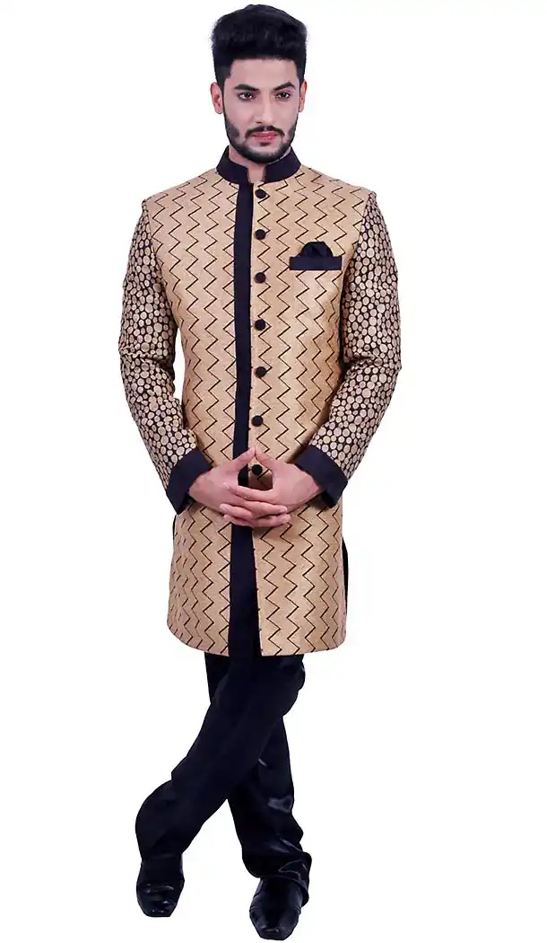 Tan Brown Color Brocade Designer Men Indo Western with Narrow Pants | FH451270773