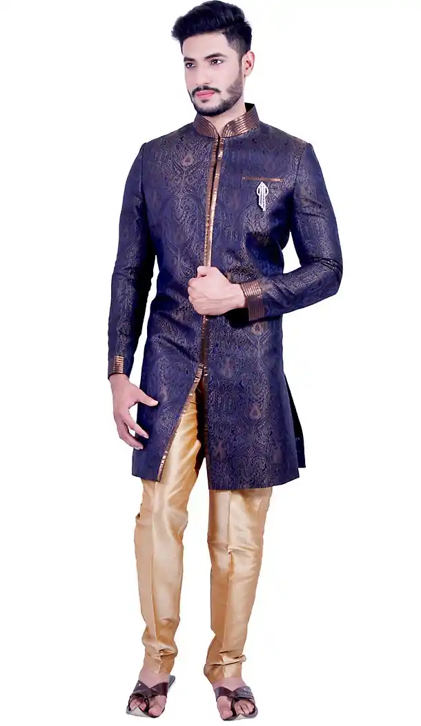 Blue Color Brocade Designer Men Indo Western with Narrow Pants | FH451270776