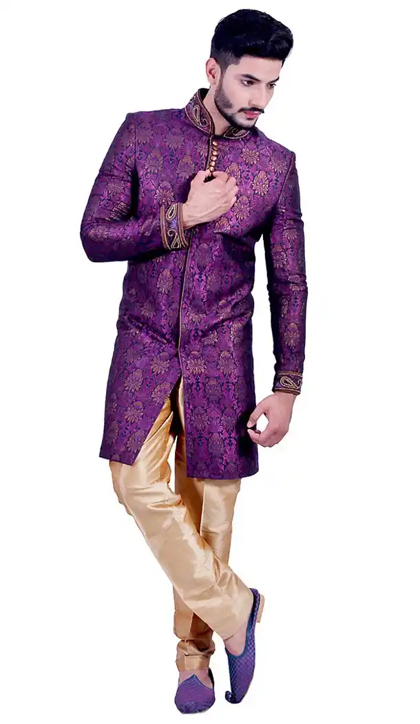 Fuchsia Color Brocade Chinese Collar Indo Western Mens Sherwani | FH451370779