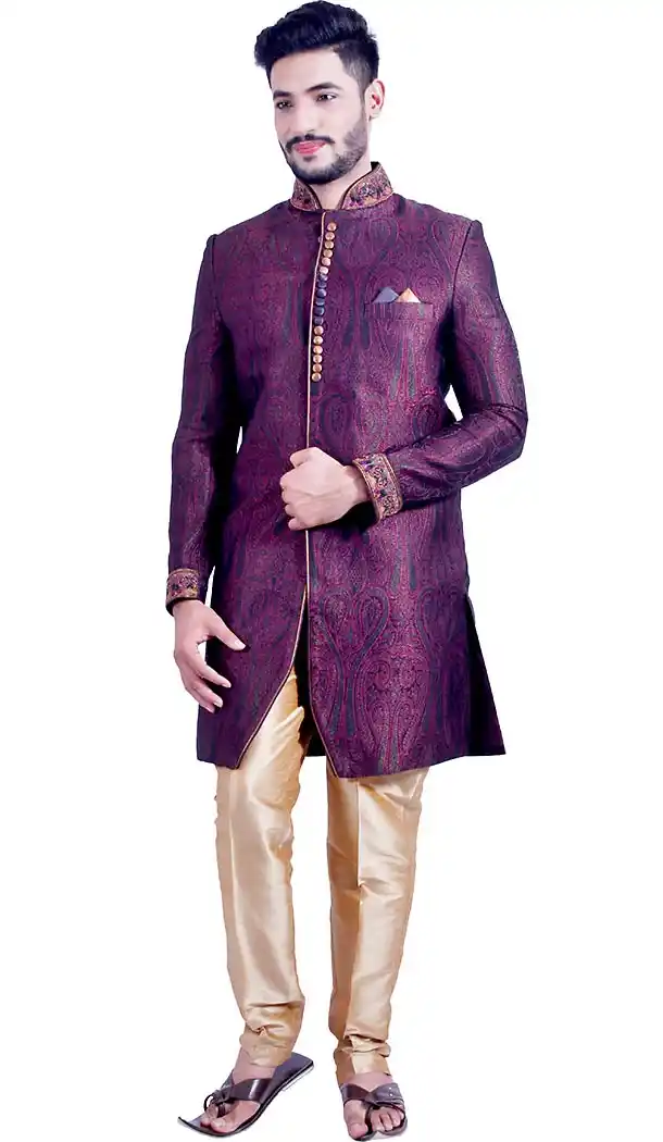 Fuchsia Color Brocade Indo Western Mens Sherwani | FH451370780