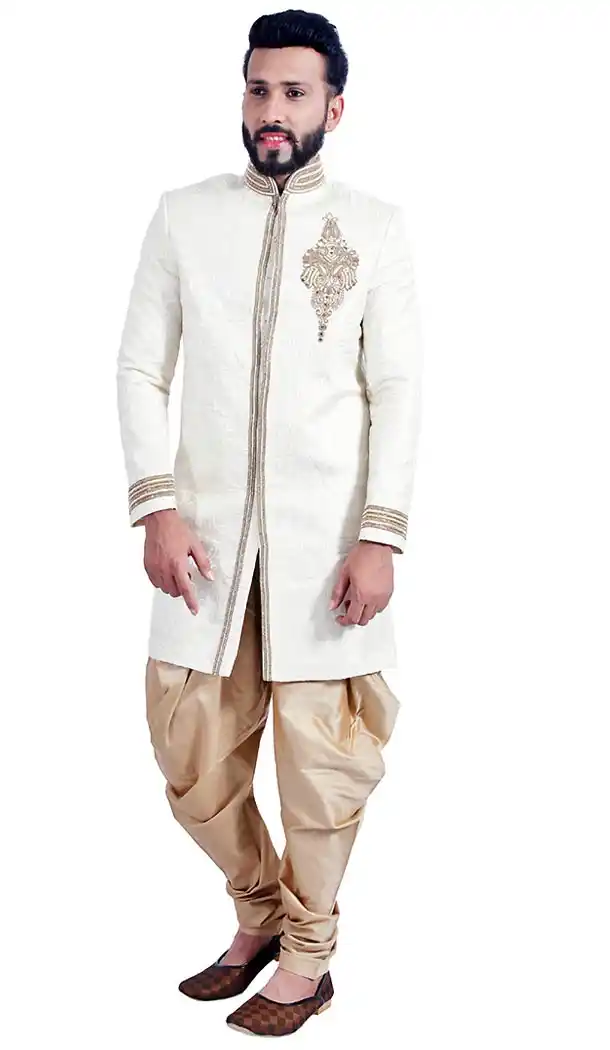 Off White Color Jacquard Chinese Collar Indo Western Mens Sherwani | FH451370781
