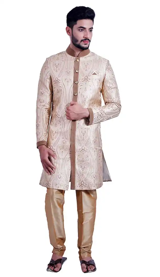 Beige Color Brocade Chinese Collar Indo Western Mens Sherwani | FH451370782