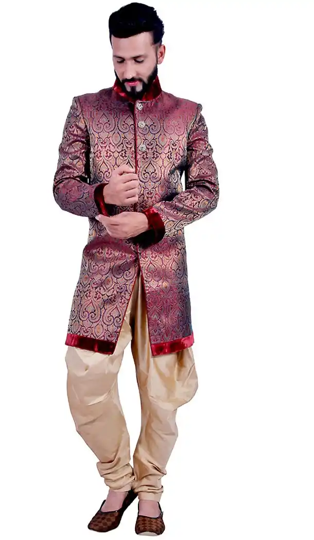 Maroon Color Brocade Chinese Collar Indo Western Mens Sherwani | FH451370783