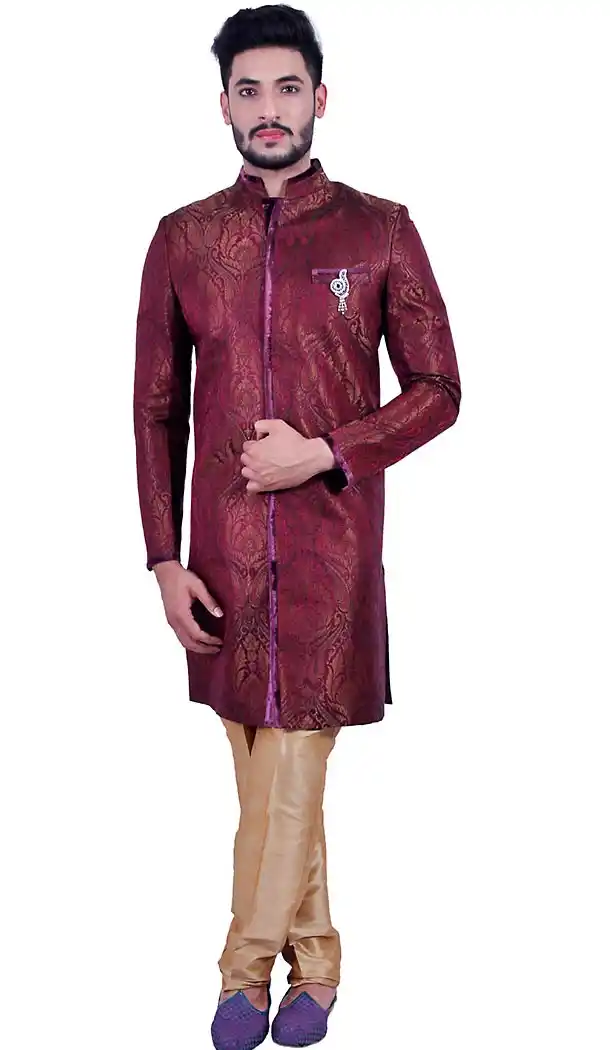 Maroon Color Brocade Indo Western Mens Sherwani | FH451370784