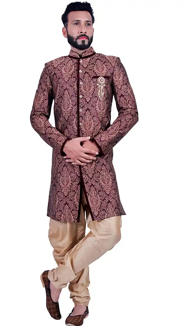 Brocade Maroon Color Indo Western Mens Sherwani | FH451370785