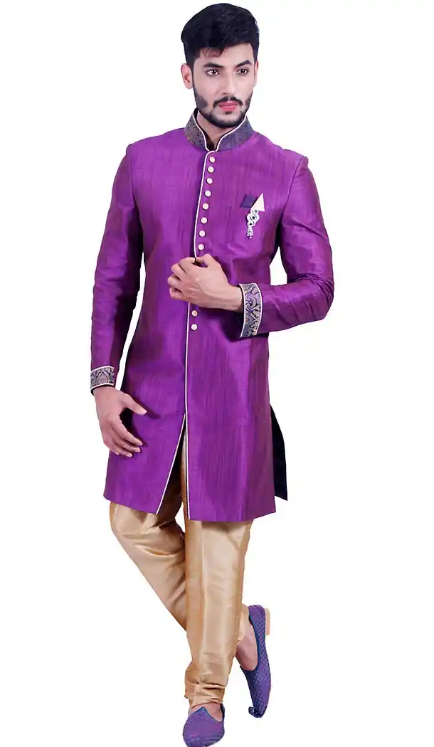 Purple Color Art Silk Chinese Collar Indo Western Mens Sherwani | FH451370786