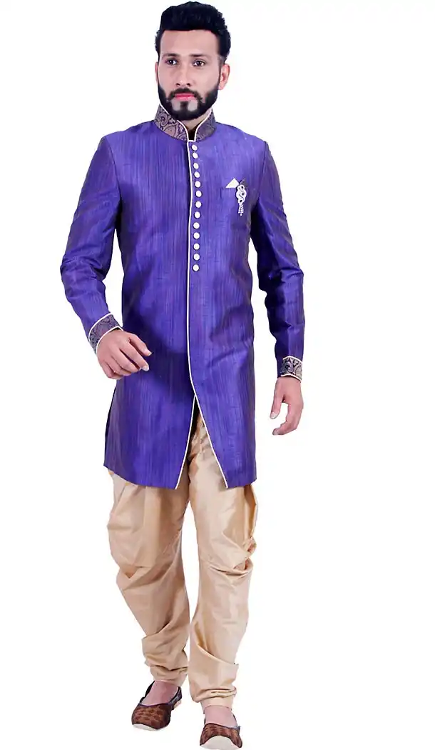 Blue Color Art Silk Chinese Collar Indo Western Mens Sherwani | FH451370787