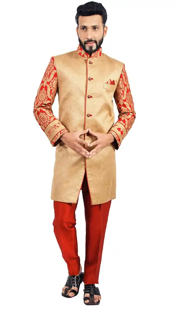Tan Brown Color Jute Chinese Collar Indo Western Mens Sherwani | FH451370788