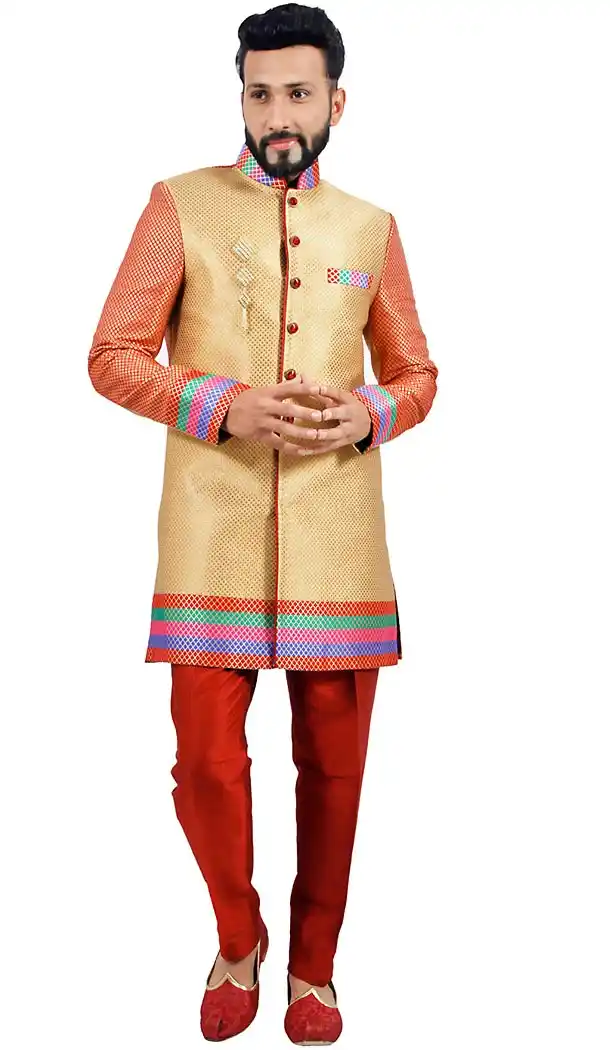 Beige Color Brocade Fabric Indo Western Menswear Sherwani | FH451470789