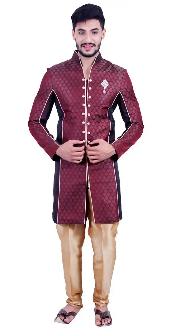 Maroon Color Brocade Fabric Indo Western Menswear Sherwani | FH451470790