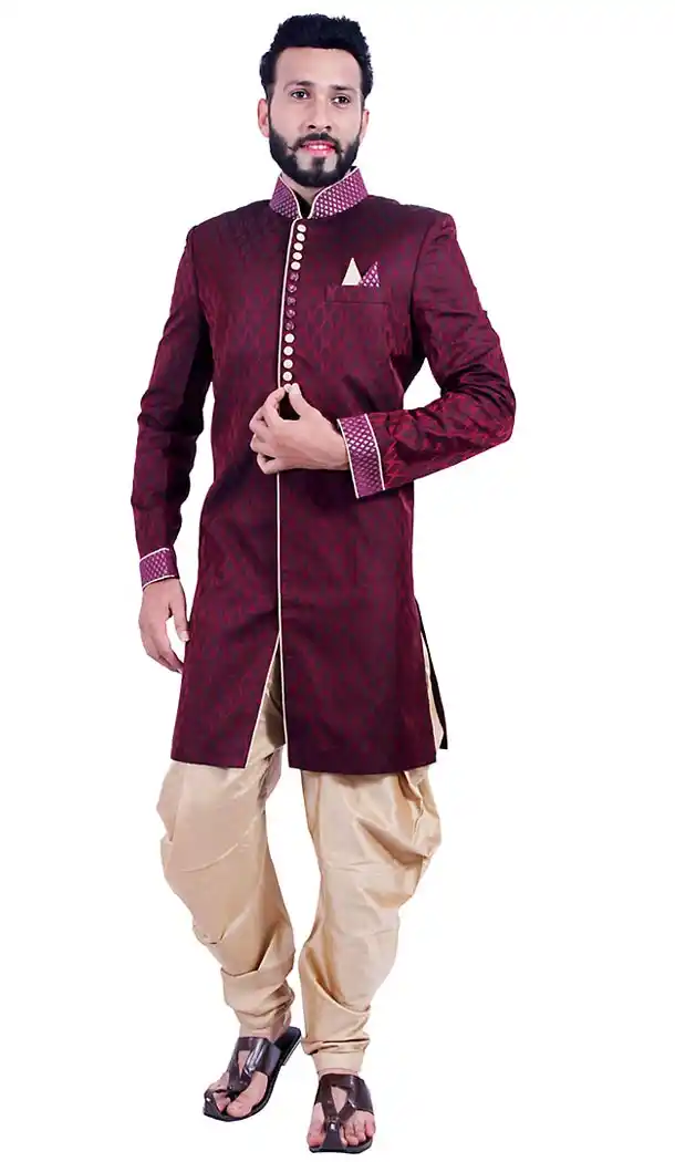 Maroon Color Brocade Fabric Indo Western Menswear Sherwani | FH451470791