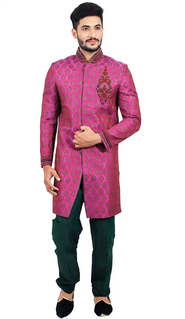 Deep Pink Color Brocade Fabric Indo Western Menswear Sherwani | FH451470792