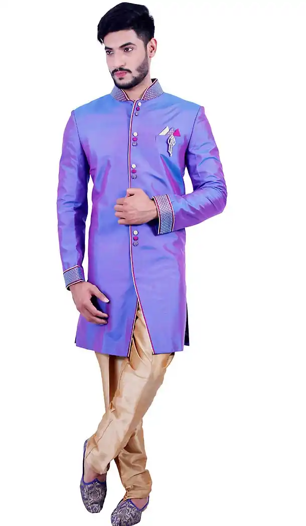 Azure Blue Color Brocade Fabric Indo Western Menswear Sherwani | FH451470793
