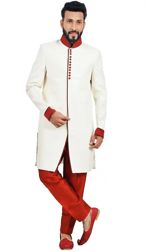 Off White Color Art Silk Fabric Indo Western Menswear Sherwani | FH451470794