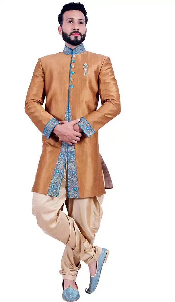 Tan Brown Color Art Silk Fabric Indo Western Menswear Sherwani | FH451470795