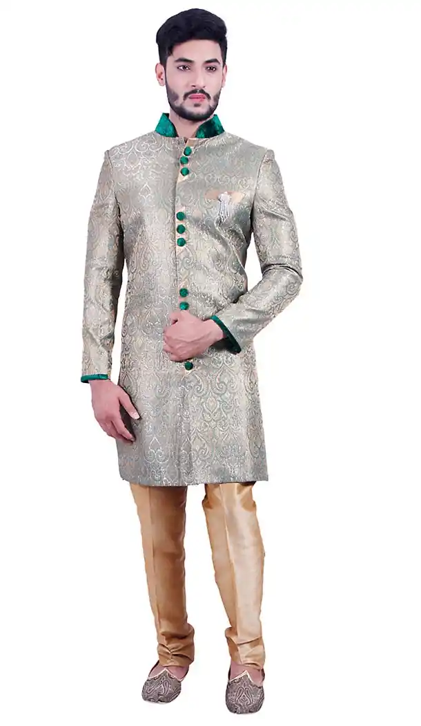 Dove Color Brocade Fabric Indo Western Menswear Sherwani | FH451470796