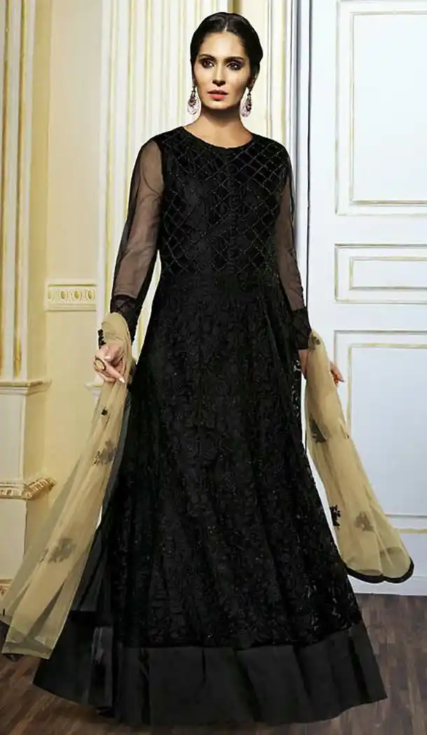 Black Color Net Fabric Ladies Disigner Stitched Gowns Dresses with Dupatta | FH451570800