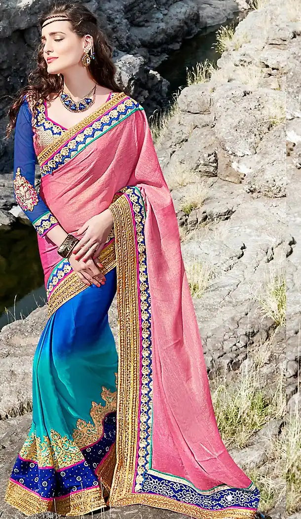 Salmon Color Chiffon Embroidered Work Traditional Sarees with Stitched Blouse | FH452270878
