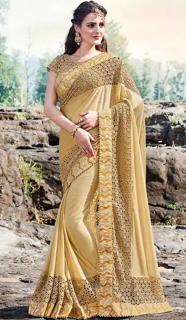 Tan Brown Color Lycra Embroidered Work Traditional Sarees with Stitched Blouse | FH452270883