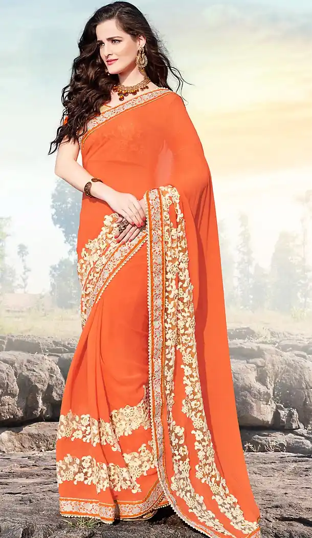 Orange Color Georgette Embroidered Work Traditional Sarees with Stitched Blouse | FH452270884