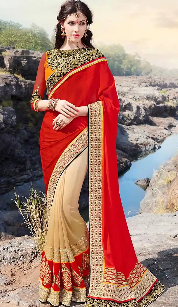 Deep Scarlet Color Chiffon Embroidered Work Traditional Sarees with Stitched Blouse | FH452270885