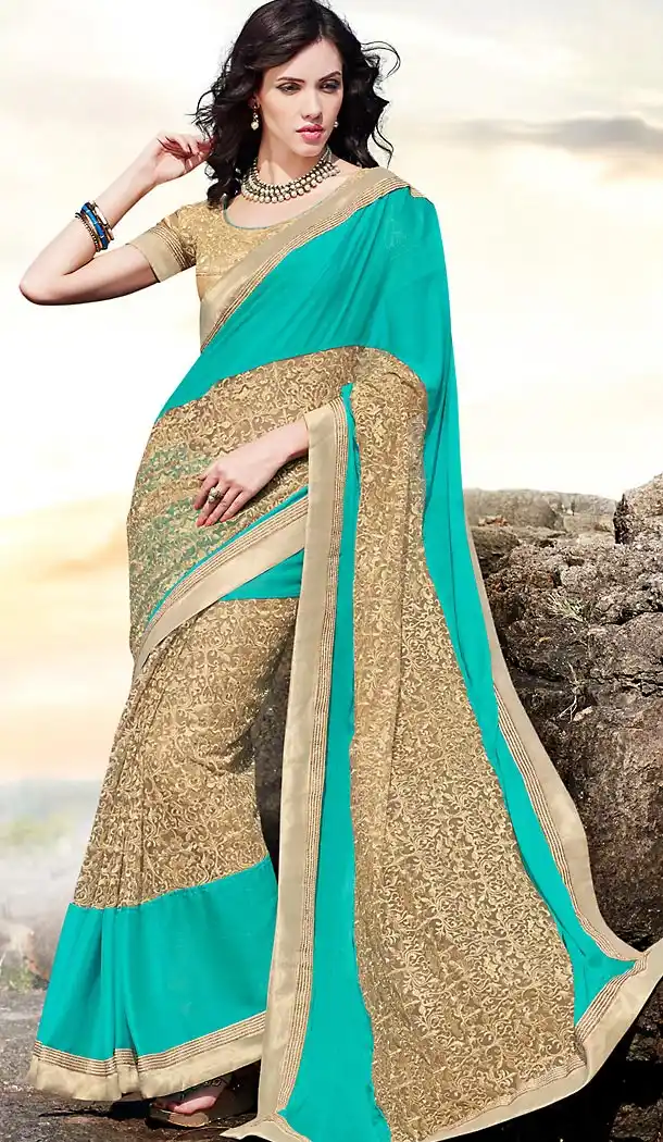 Turquoise Color Chiffon Embroidered Work Traditional Sarees with Stitched Blouse | FH452270888