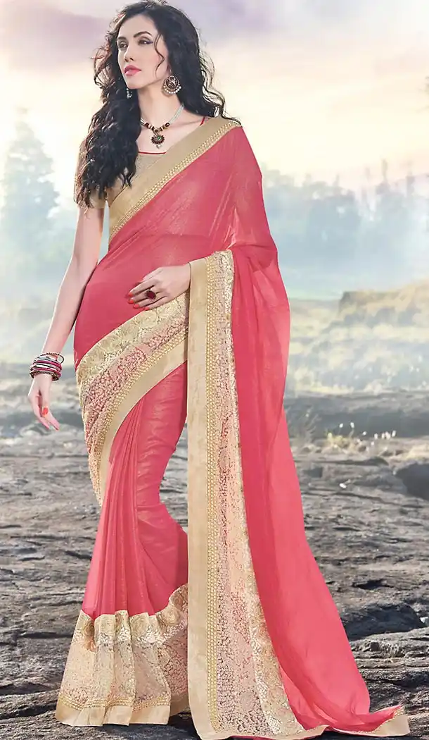 Salmon Color Georgette Embroidered Work Traditional Sarees with Stitched Blouse | FH452270889