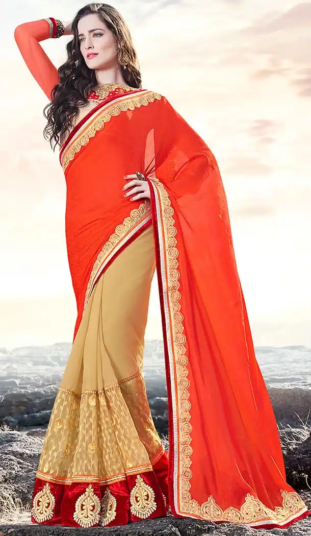 Deep Orange Color Chiffon Embroidered Work Traditional Sarees with Stitched Blouse | FH452270890