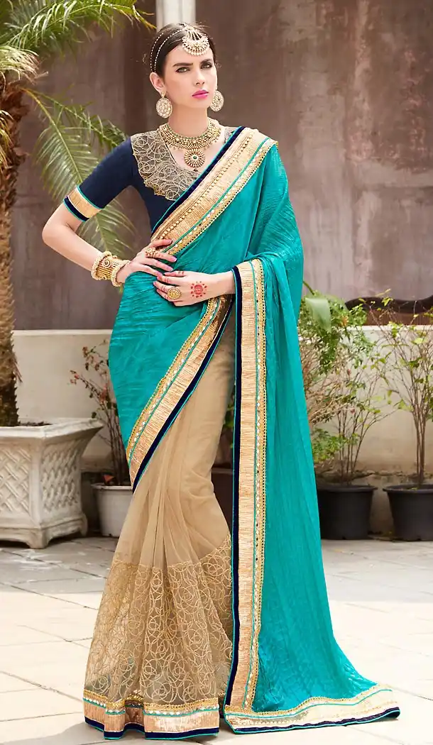 Tan Brown Color Net Embroidered Work Traditional Sarees with Stitched Blouse | FH452370894
