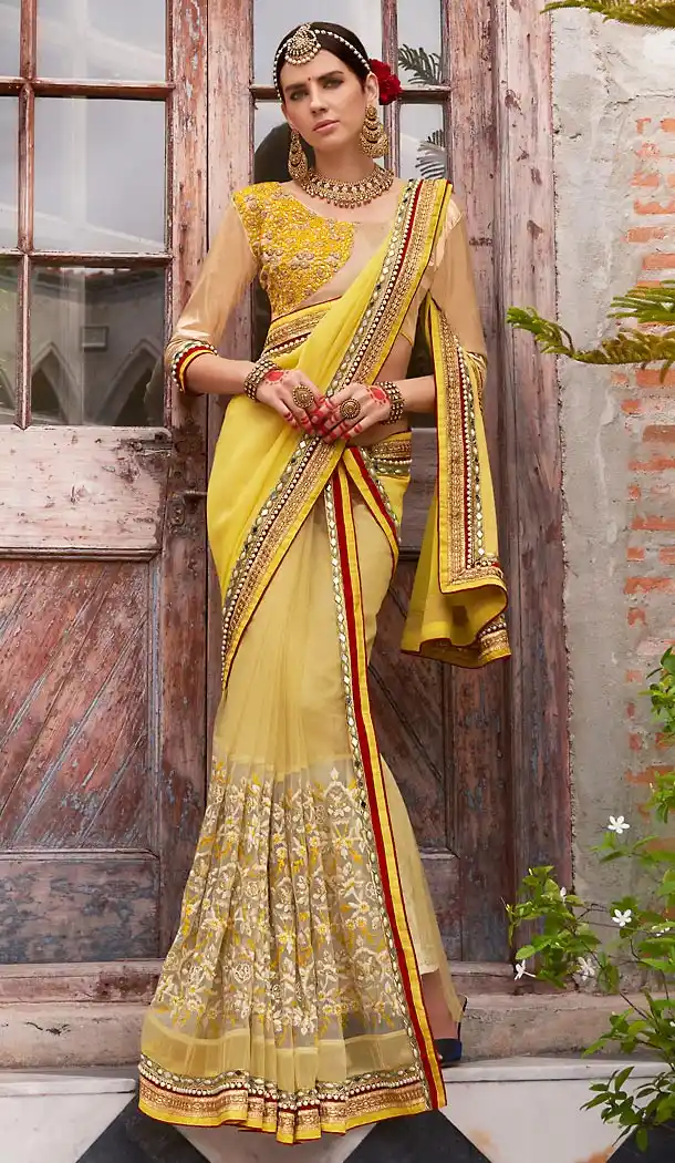 Yellow Color Georgette Embroidered Work Traditional Sarees with Stitched Blouse | FH452370896