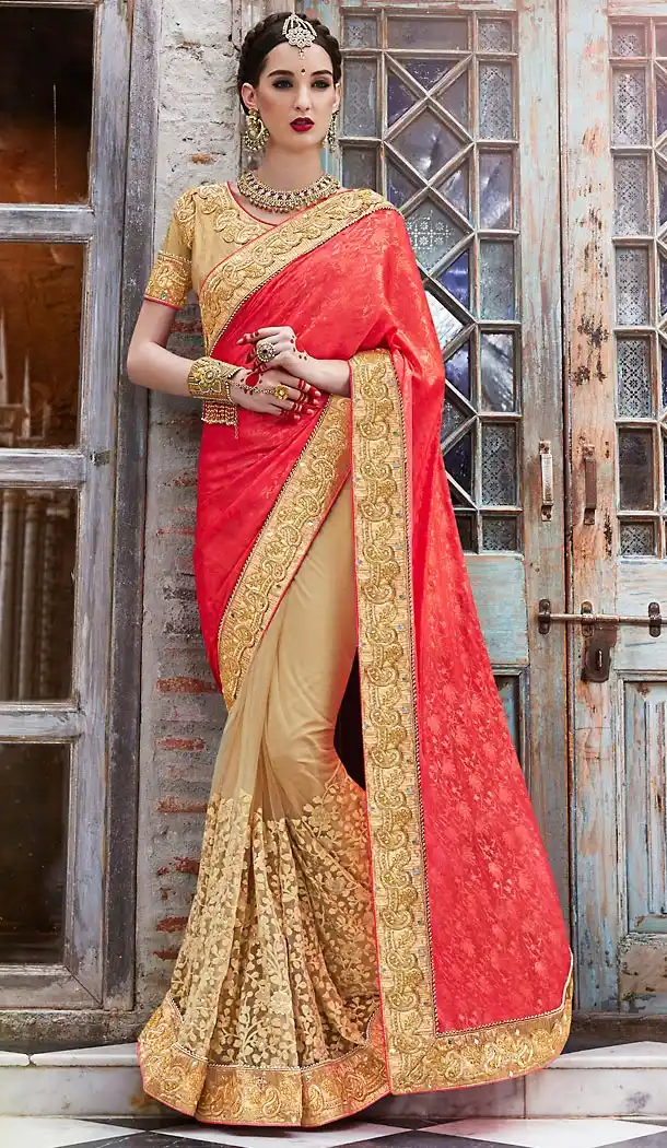 Tan Brown Color Jacquard Embroidered Work Traditional Sarees with Stitched Blouse | FH452370897