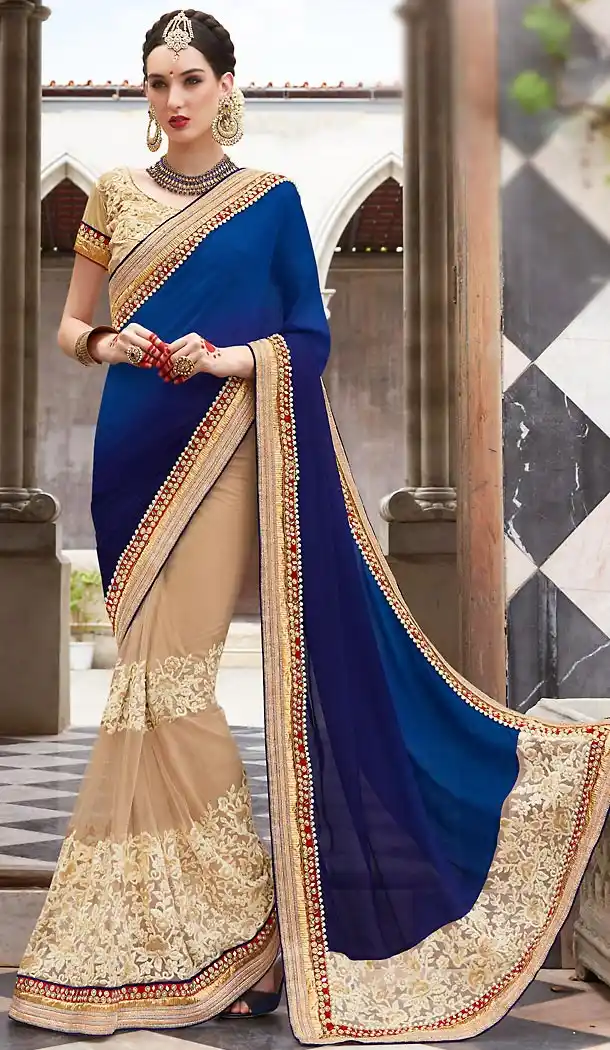 Tan Brown Color Net Embroidered Work Traditional Sarees with Stitched Blouse | FH452370898
