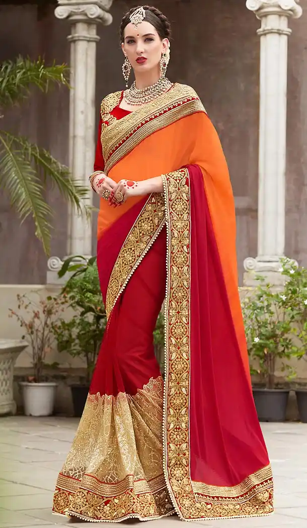 Orange Color Chiffon Embroidered Work Traditional Sarees with Stitched Blouse | FH452370899