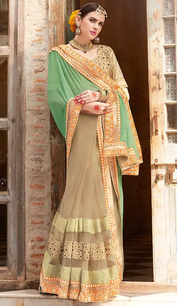 Tan Brown Color Georgette Embroidered Work Traditional Sarees with Stitched Blouse | FH452370900