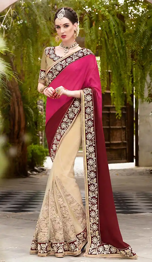 Tan Brown Color Satin Embroidered Work Traditional Sarees with Stitched Blouse | FH452370901