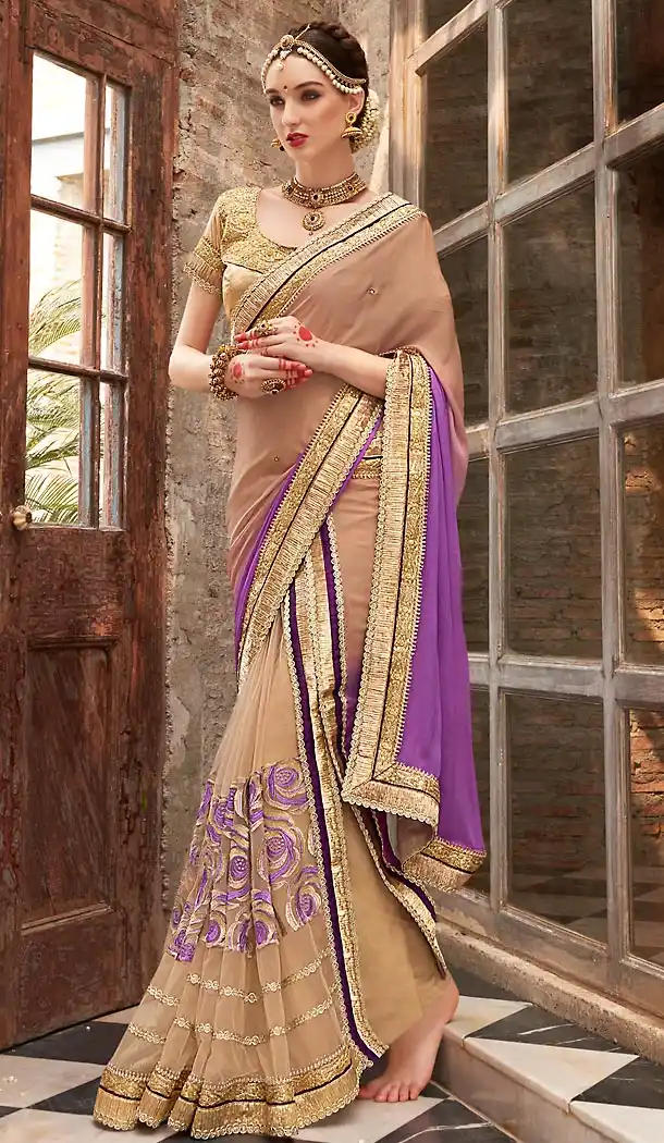 Purple Color Chiffon Embroidered Work Traditional Sarees with Stitched Blouse | FH452370904
