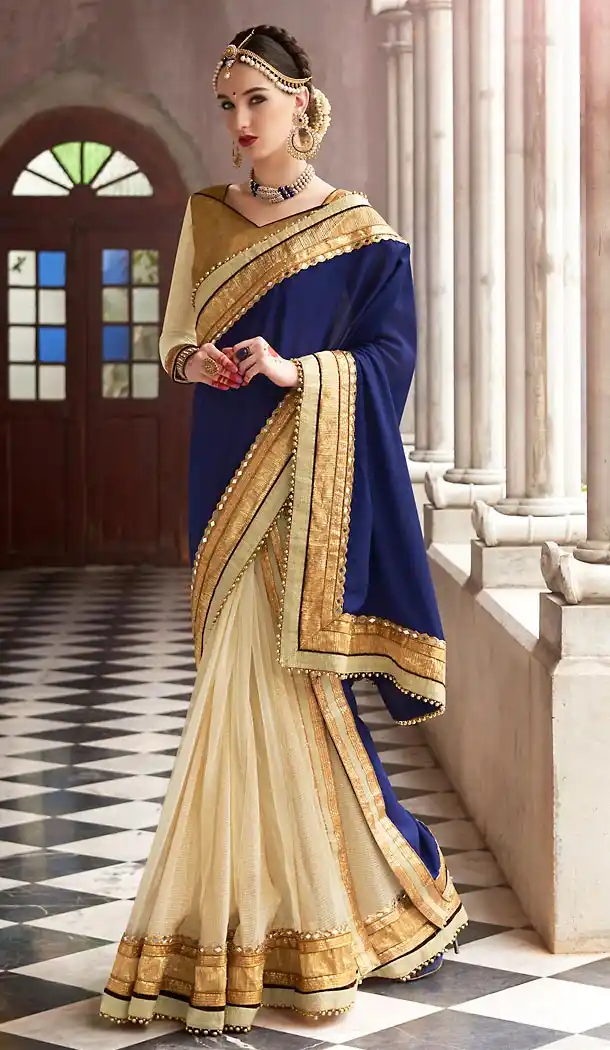 Navy Blue Color Chiffon Embroidered Work Traditional Sarees with Stitched Blouse | FH452370905