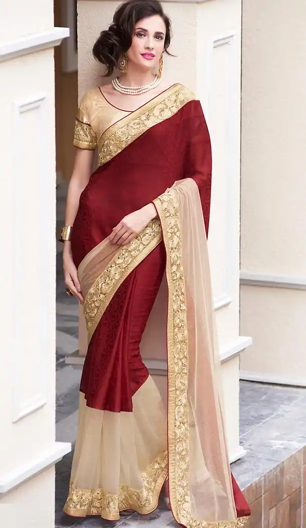 Maroon Color Jacquard Fancy Party wear Sarees with Stitched Blouse | FH452770956