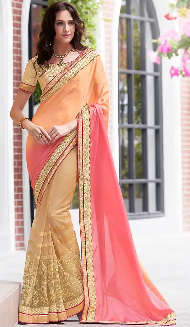 Salmon Color Chiffon Fancy Party wear Sarees with Stitched Blouse | FH452770957