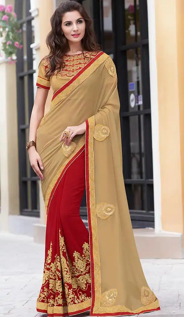 Tan Brown Color Georgette Fancy Party wear Sarees with Stitched Blouse | FH452770958