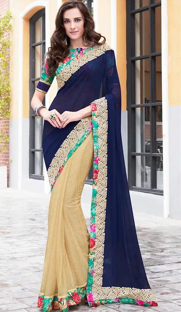 Navy Blue Color Georgette Fancy Party wear Sarees with Stitched Blouse | FH452770961