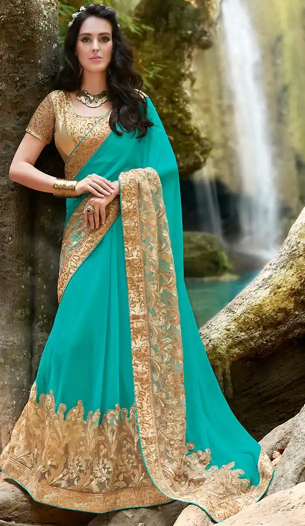Cyan Blue Color Georgette Embroidered Party wear Sarees with Stitched Blouse | FH452870964