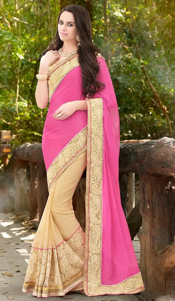 Rose Pink Color Georgette Embroidered Party wear Sarees with Stitched Blouse | FH452870966