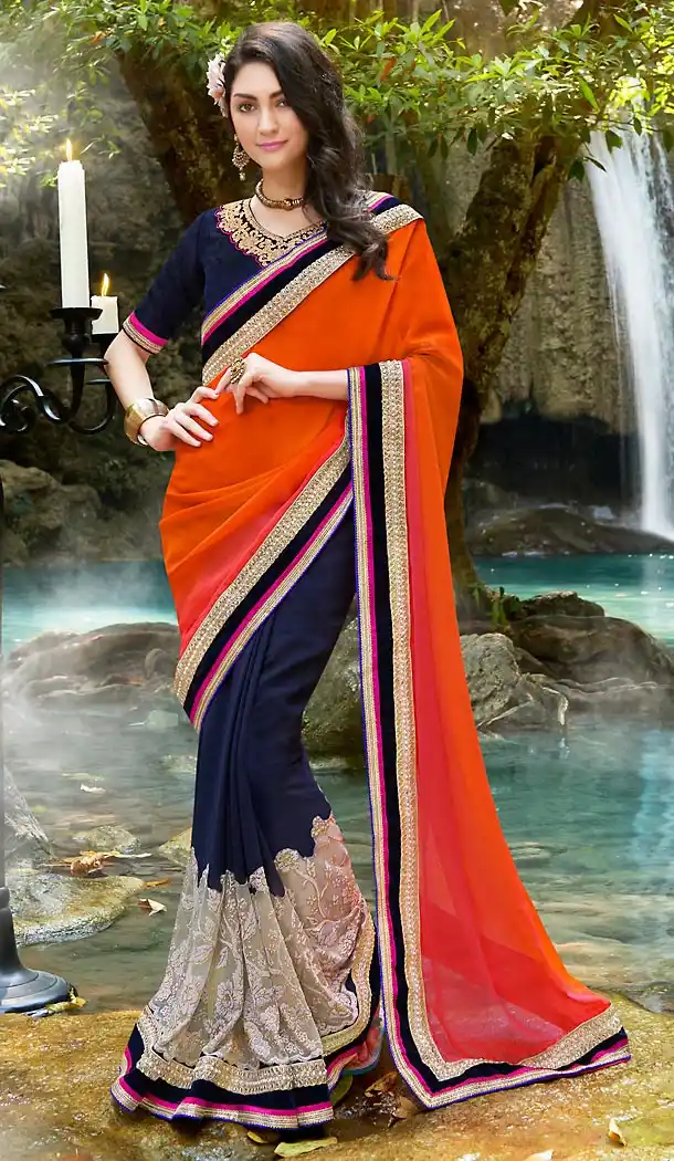 Navy Blue Color Georgette Embroidered Party wear Sarees with Stitched Blouse | FH452870967