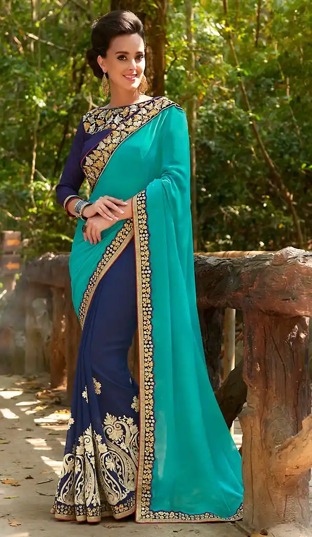 Navy Blue Color Georgette Embroidered Party wear Sarees with Stitched Blouse | FH452870969