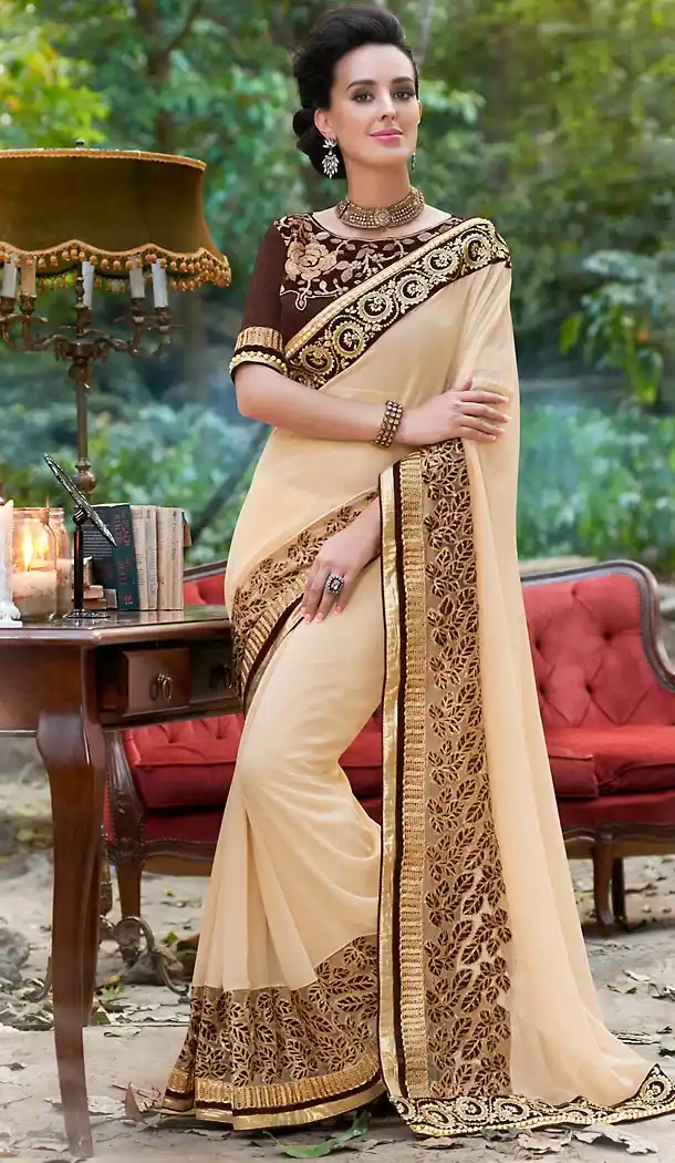 Tan Brown Color Georgette Embroidered Party wear Sarees with Stitched Blouse | FH452870970