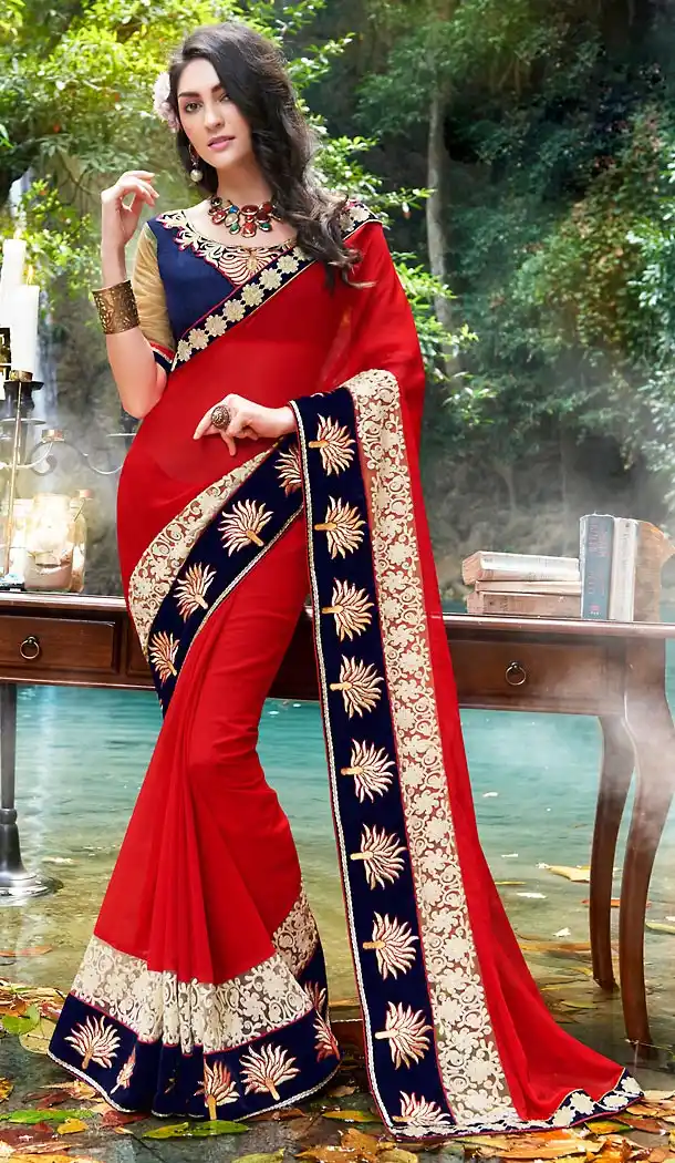 Deep Scarlet Color Chiffon Embroidered Party wear Sarees with Stitched Blouse | FH452870971